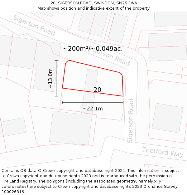 20, SIGERSON ROAD, SWINDON, SN25 1WA: Plot and title map