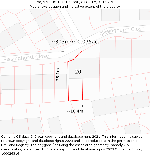 20, SISSINGHURST CLOSE, CRAWLEY, RH10 7FX: Plot and title map