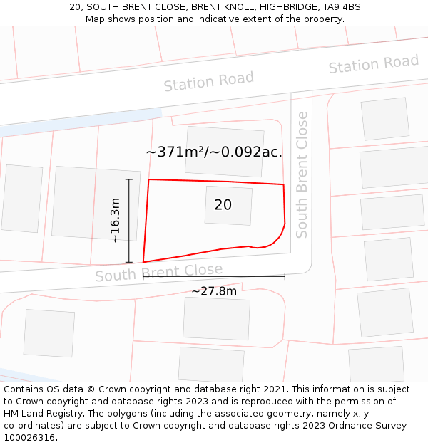 20, SOUTH BRENT CLOSE, BRENT KNOLL, HIGHBRIDGE, TA9 4BS: Plot and title map