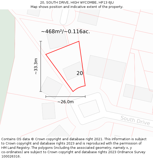 20, SOUTH DRIVE, HIGH WYCOMBE, HP13 6JU: Plot and title map