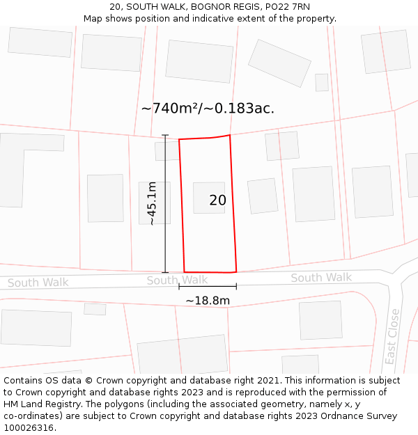 20, SOUTH WALK, BOGNOR REGIS, PO22 7RN: Plot and title map