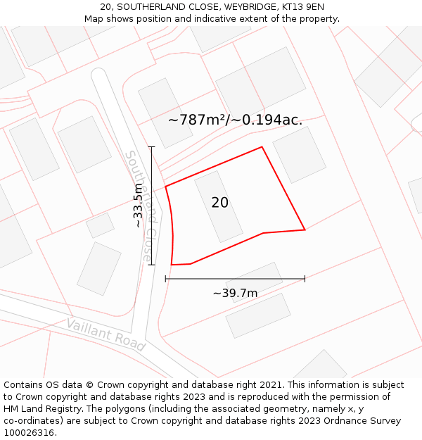 20, SOUTHERLAND CLOSE, WEYBRIDGE, KT13 9EN: Plot and title map