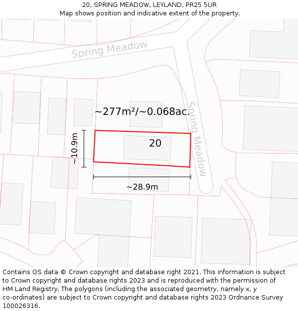 20, SPRING MEADOW, LEYLAND, PR25 5UR: Plot and title map