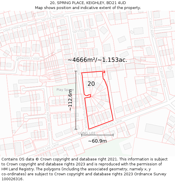 20, SPRING PLACE, KEIGHLEY, BD21 4UD: Plot and title map
