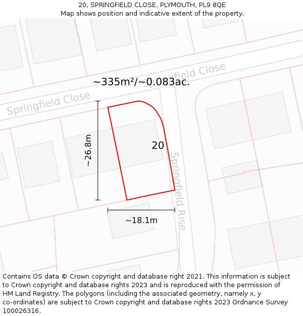20, SPRINGFIELD CLOSE, PLYMOUTH, PL9 8QE: Plot and title map