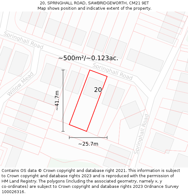 20, SPRINGHALL ROAD, SAWBRIDGEWORTH, CM21 9ET: Plot and title map