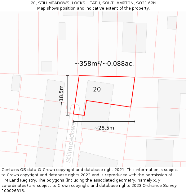 20, STILLMEADOWS, LOCKS HEATH, SOUTHAMPTON, SO31 6PN: Plot and title map