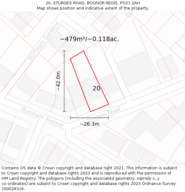 20, STURGES ROAD, BOGNOR REGIS, PO21 2AH: Plot and title map