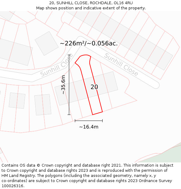 20, SUNHILL CLOSE, ROCHDALE, OL16 4RU: Plot and title map