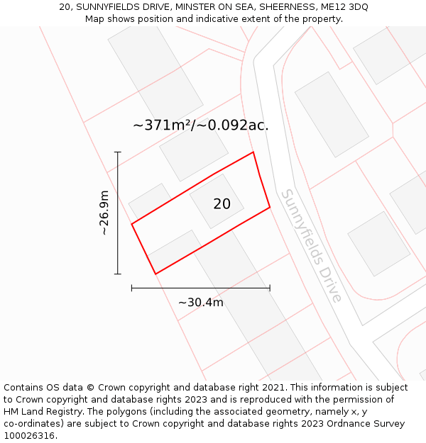 20, SUNNYFIELDS DRIVE, MINSTER ON SEA, SHEERNESS, ME12 3DQ: Plot and title map