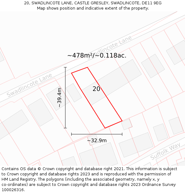 20, SWADLINCOTE LANE, CASTLE GRESLEY, SWADLINCOTE, DE11 9EG: Plot and title map