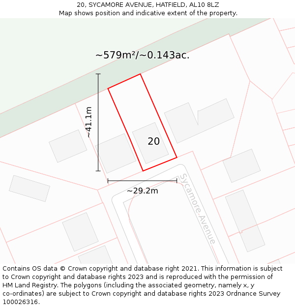 20, SYCAMORE AVENUE, HATFIELD, AL10 8LZ: Plot and title map