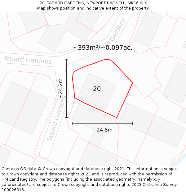 20, TABARD GARDENS, NEWPORT PAGNELL, MK16 0LX: Plot and title map