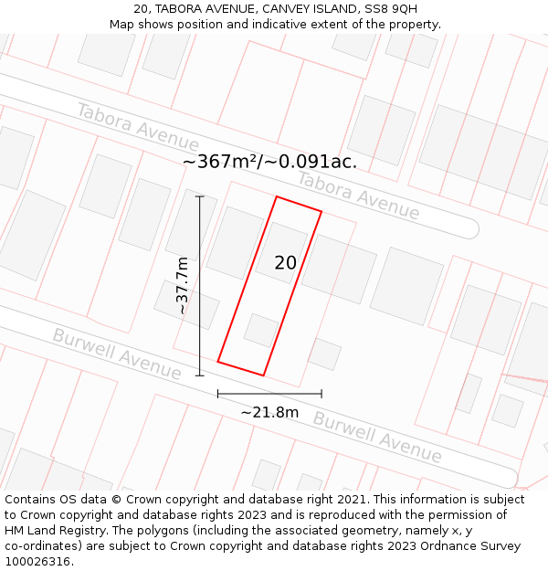 20, TABORA AVENUE, CANVEY ISLAND, SS8 9QH: Plot and title map