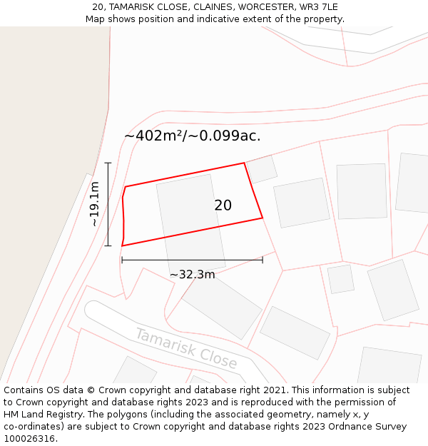 20, TAMARISK CLOSE, CLAINES, WORCESTER, WR3 7LE: Plot and title map