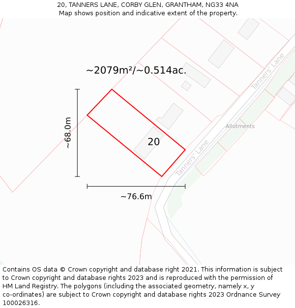 20, TANNERS LANE, CORBY GLEN, GRANTHAM, NG33 4NA: Plot and title map