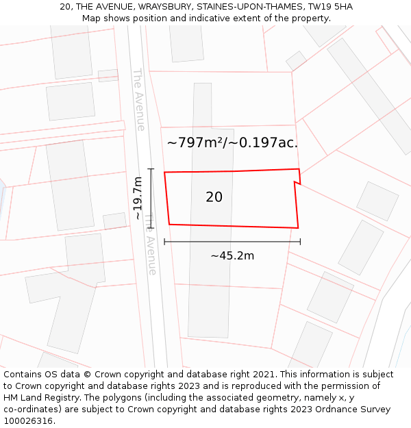 20, THE AVENUE, WRAYSBURY, STAINES-UPON-THAMES, TW19 5HA: Plot and title map