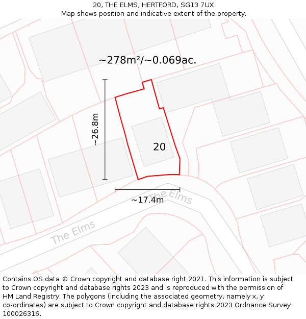 20, THE ELMS, HERTFORD, SG13 7UX: Plot and title map