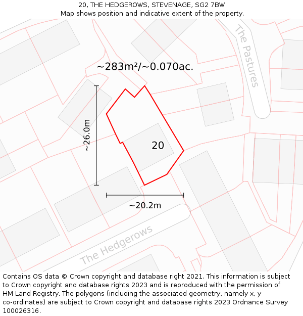 20, THE HEDGEROWS, STEVENAGE, SG2 7BW: Plot and title map