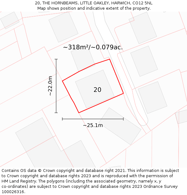 20, THE HORNBEAMS, LITTLE OAKLEY, HARWICH, CO12 5NL: Plot and title map