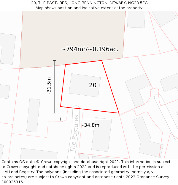 20, THE PASTURES, LONG BENNINGTON, NEWARK, NG23 5EG: Plot and title map