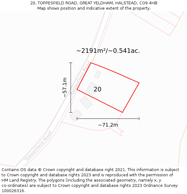 20, TOPPESFIELD ROAD, GREAT YELDHAM, HALSTEAD, CO9 4HB: Plot and title map