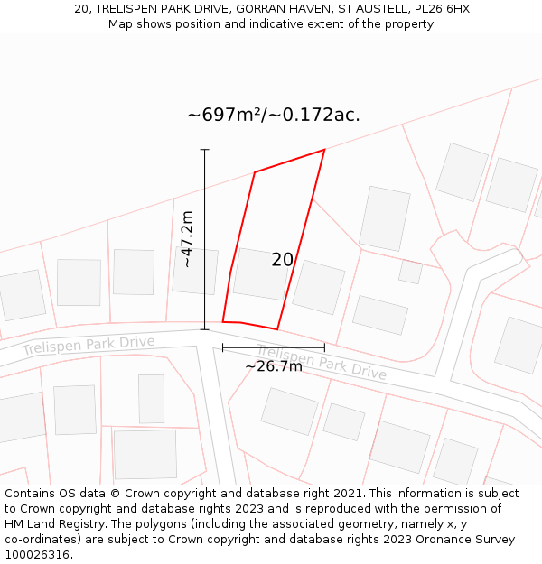 20, TRELISPEN PARK DRIVE, GORRAN HAVEN, ST AUSTELL, PL26 6HX: Plot and title map