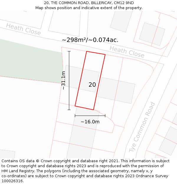20, TYE COMMON ROAD, BILLERICAY, CM12 9ND: Plot and title map