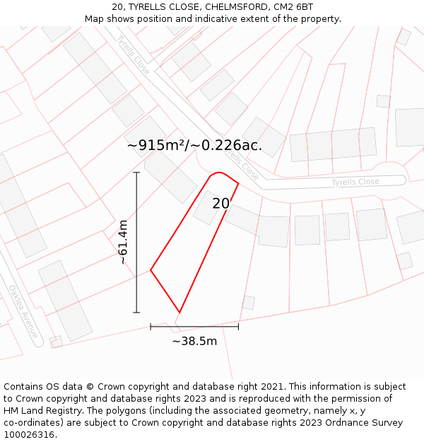 20, TYRELLS CLOSE, CHELMSFORD, CM2 6BT: Plot and title map