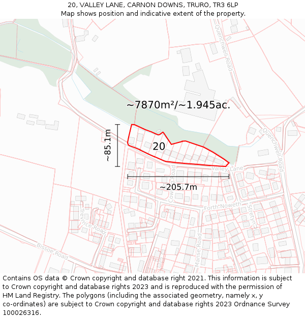 20, VALLEY LANE, CARNON DOWNS, TRURO, TR3 6LP: Plot and title map