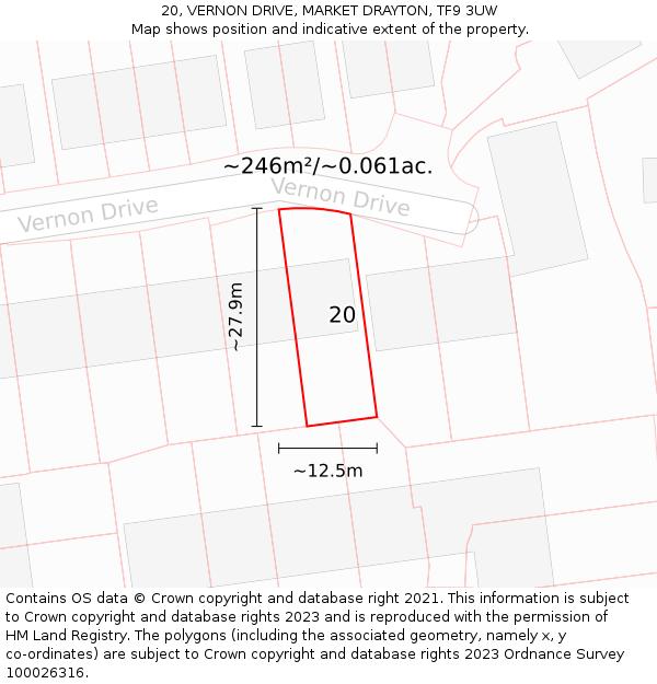 20, VERNON DRIVE, MARKET DRAYTON, TF9 3UW: Plot and title map