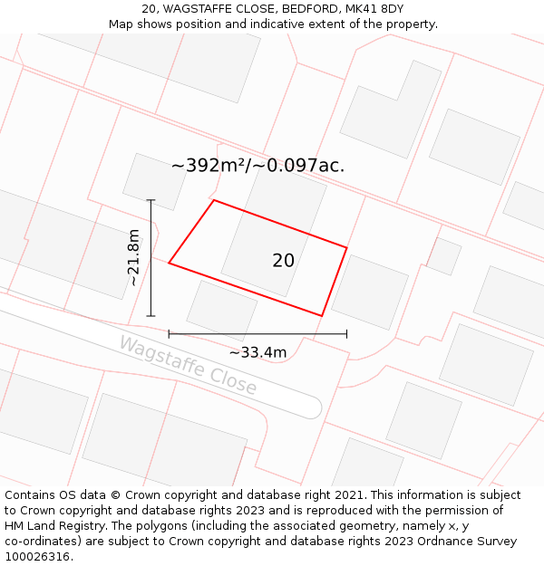 20, WAGSTAFFE CLOSE, BEDFORD, MK41 8DY: Plot and title map