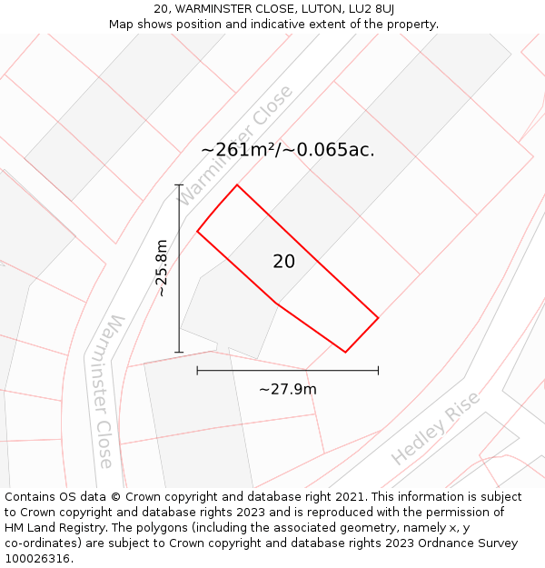 20, WARMINSTER CLOSE, LUTON, LU2 8UJ: Plot and title map