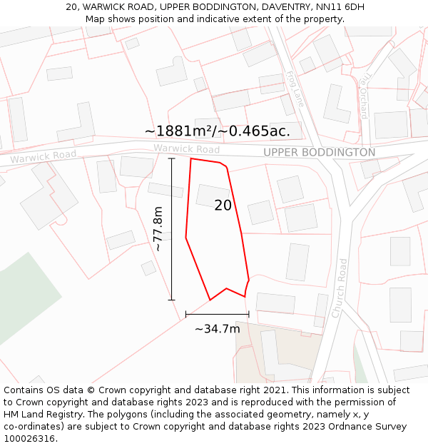 20, WARWICK ROAD, UPPER BODDINGTON, DAVENTRY, NN11 6DH: Plot and title map