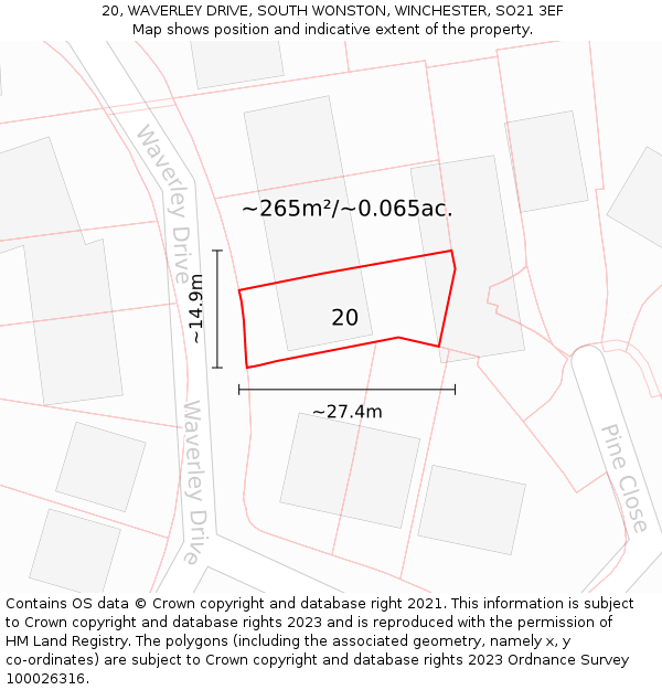 20, WAVERLEY DRIVE, SOUTH WONSTON, WINCHESTER, SO21 3EF: Plot and title map