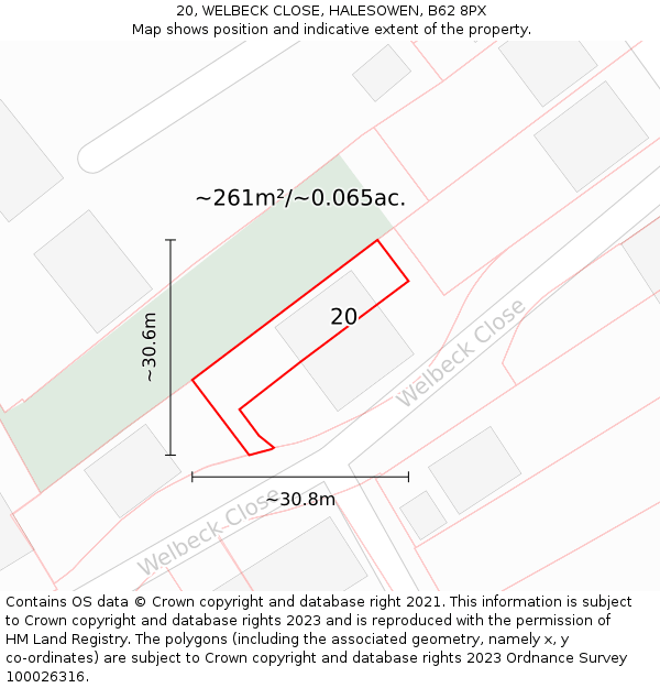 20, WELBECK CLOSE, HALESOWEN, B62 8PX: Plot and title map