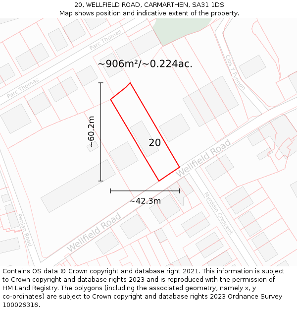 20, WELLFIELD ROAD, CARMARTHEN, SA31 1DS: Plot and title map