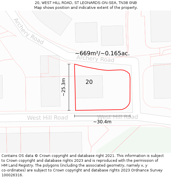 20, WEST HILL ROAD, ST LEONARDS-ON-SEA, TN38 0NB: Plot and title map