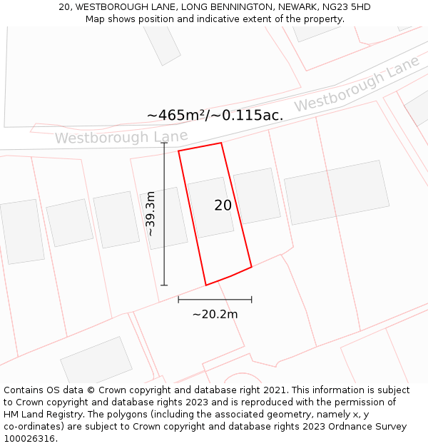 20, WESTBOROUGH LANE, LONG BENNINGTON, NEWARK, NG23 5HD: Plot and title map