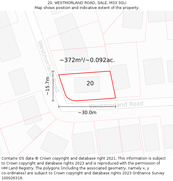 20, WESTMORLAND ROAD, SALE, M33 3GU: Plot and title map