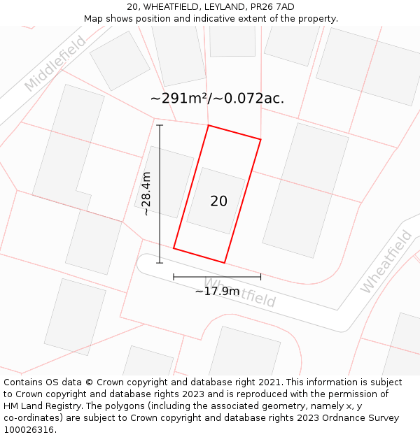 20, WHEATFIELD, LEYLAND, PR26 7AD: Plot and title map