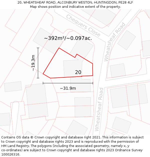 20, WHEATSHEAF ROAD, ALCONBURY WESTON, HUNTINGDON, PE28 4LF: Plot and title map