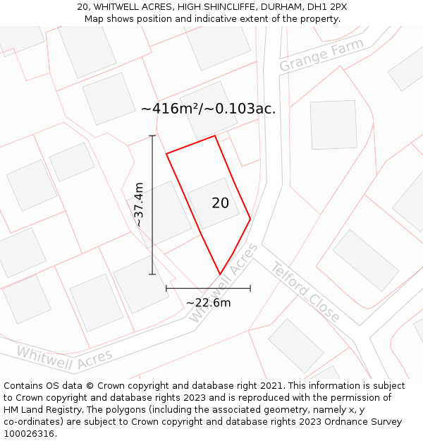 20, WHITWELL ACRES, HIGH SHINCLIFFE, DURHAM, DH1 2PX: Plot and title map