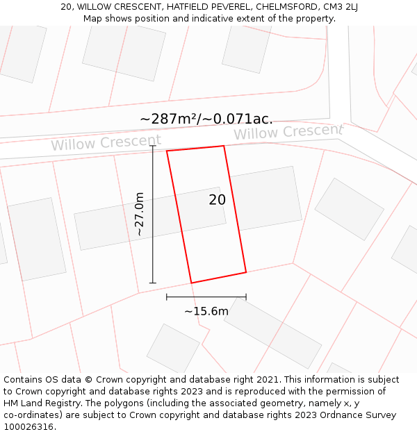 20, WILLOW CRESCENT, HATFIELD PEVEREL, CHELMSFORD, CM3 2LJ: Plot and title map