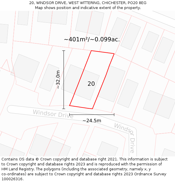 20, WINDSOR DRIVE, WEST WITTERING, CHICHESTER, PO20 8EG: Plot and title map