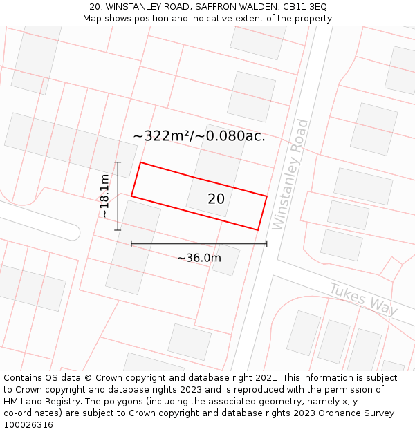 20, WINSTANLEY ROAD, SAFFRON WALDEN, CB11 3EQ: Plot and title map