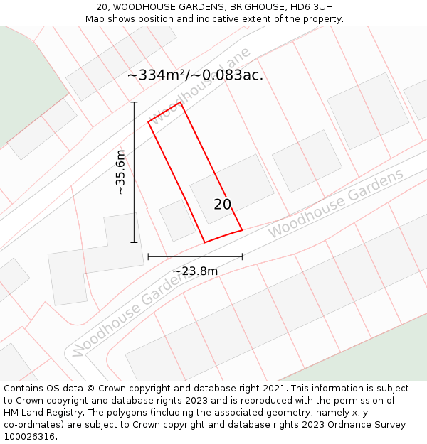 20, WOODHOUSE GARDENS, BRIGHOUSE, HD6 3UH: Plot and title map