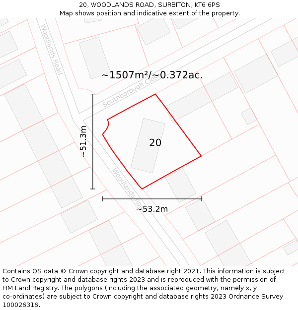 20, WOODLANDS ROAD, SURBITON, KT6 6PS: Plot and title map