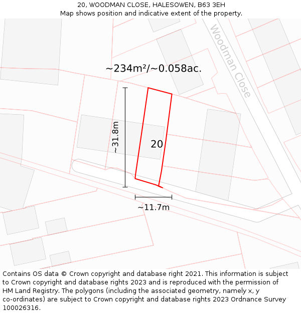 20, WOODMAN CLOSE, HALESOWEN, B63 3EH: Plot and title map