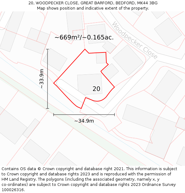 20, WOODPECKER CLOSE, GREAT BARFORD, BEDFORD, MK44 3BG: Plot and title map